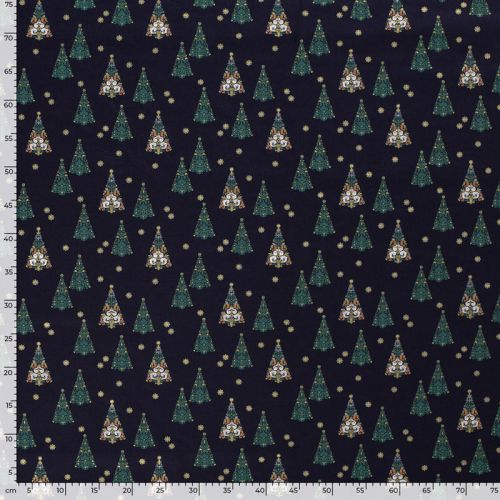 Tissu coton sapin glitter fond bleu marine 