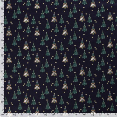 Tissu coton sapin glitter fond bleu marine 