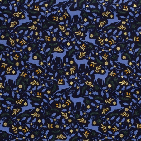 Tissu coton rennes glitter fond bleu marine
