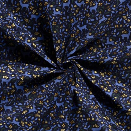 Tissu coton rennes glitter fond bleu marine