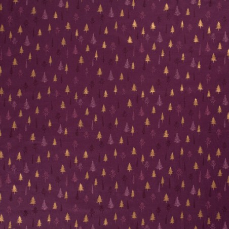 Tissu forêt de sapins glitter fond bordeaux 