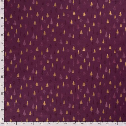 Tissu forêt de sapins glitter fond bordeaux 