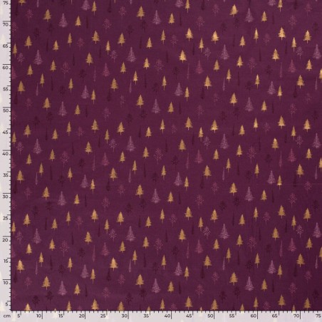 Tissu forêt de sapins glitter fond bordeaux 