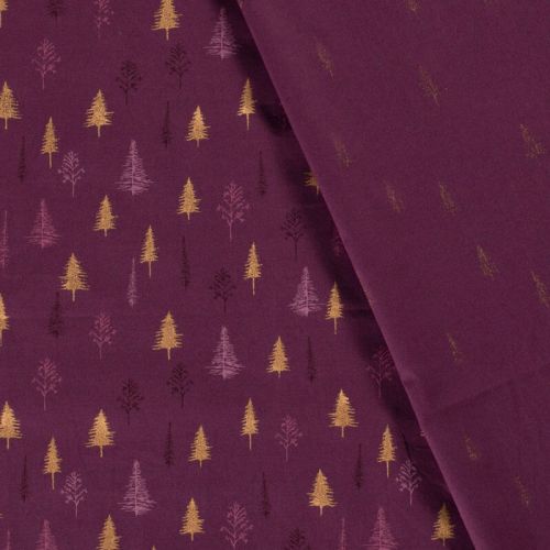 Tissu forêt de sapins glitter fond bordeaux 