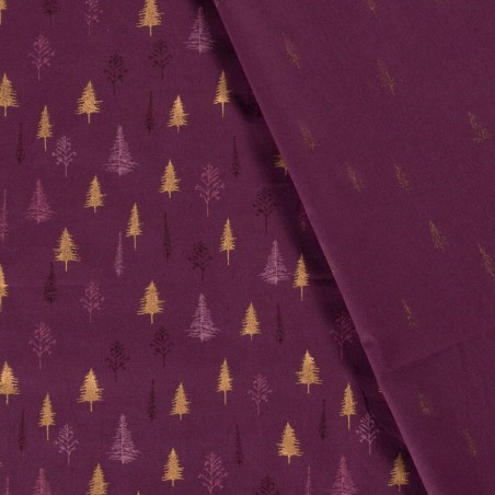 Tissu forêt de sapins glitter fond bordeaux 