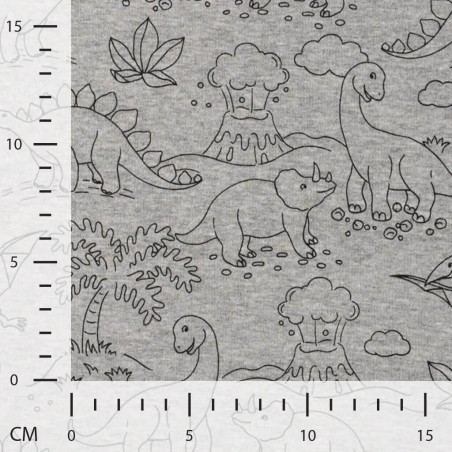 Tissu sweat minky dinos fond gris chiné