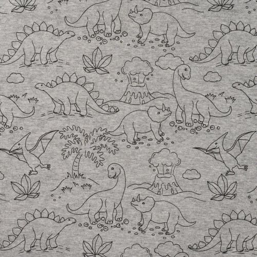 Tissu sweat minky dinos fond gris chiné