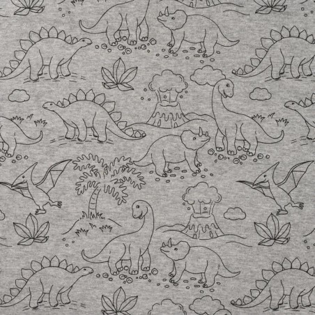 Tissu sweat minky dinos fond gris chiné