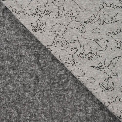 Tissu sweat minky dinos fond gris chiné