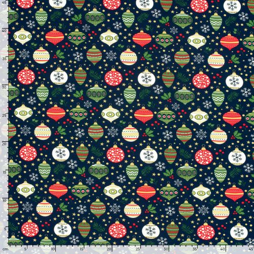 Tissu French Terry boules de noël fond bleu marine 