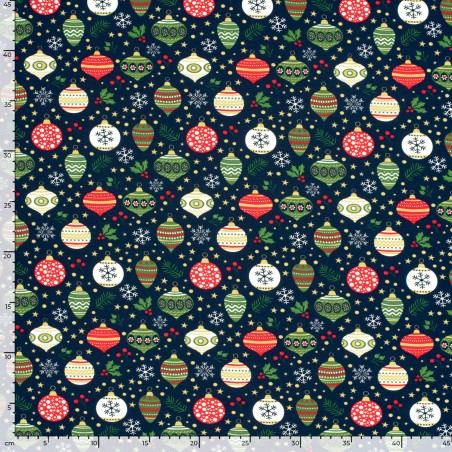 Tissu French Terry boules de noël fond bleu marine 