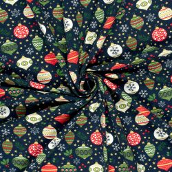 Tissu French Terry boules de noël fond bleu marine 