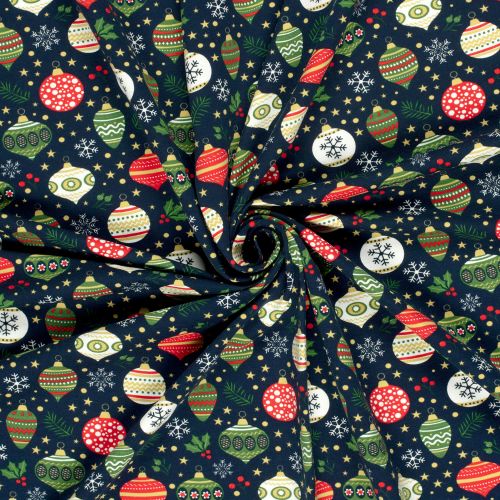 Tissu French Terry boules de noël fond bleu marine 
