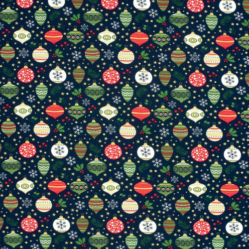 Tissu French Terry boules de noël fond bleu marine 