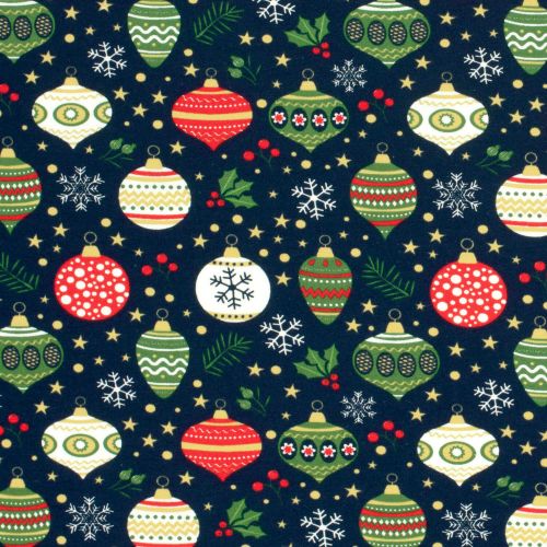 Tissu French Terry boules de noël fond bleu marine 