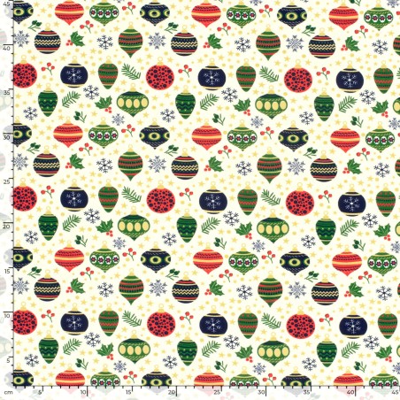 Tissu French Terry boules de noël fond écru 