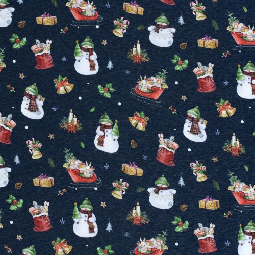 Tissu sweat Merry Christmas fond bleu marine