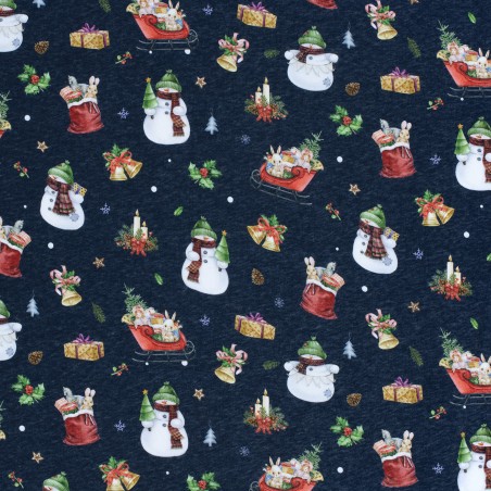 Tissu sweat Merry Christmas fond bleu marine