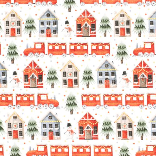 Tissu sweat Christmas trains fond blanc