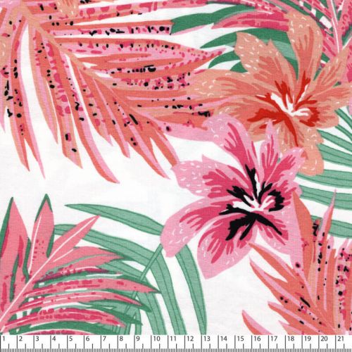 Tissu jersey viscose motif tropical rose fond blanc
