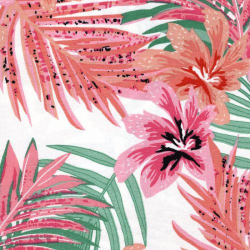 Tissu jersey viscose motif tropical rose fond blanc