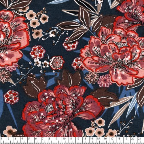 Tissu jersey viscose grosses fleurs orangées fond marine
