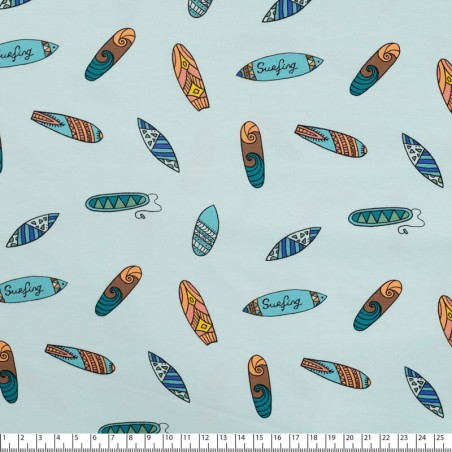 Tissu jersey surfboards fond bleu