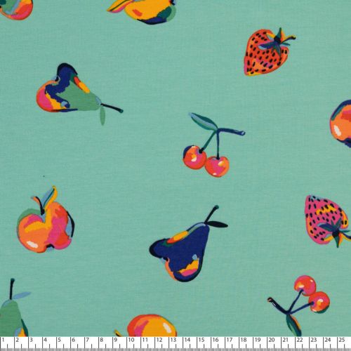 Tissu French Terry salade de fruits fond turquoise 