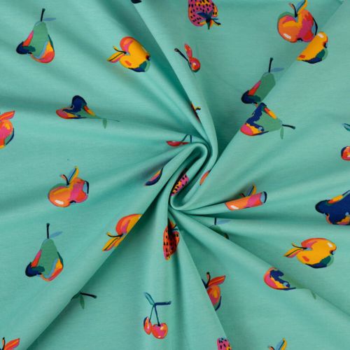 Tissu French Terry salade de fruits fond turquoise 