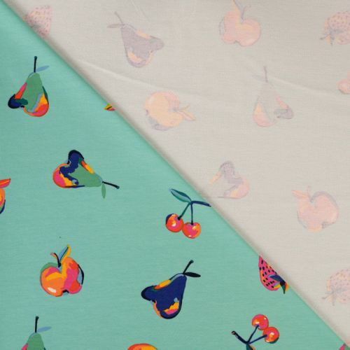 Tissu French Terry salade de fruits fond turquoise 