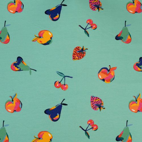 Tissu French Terry salade de fruits fond turquoise 