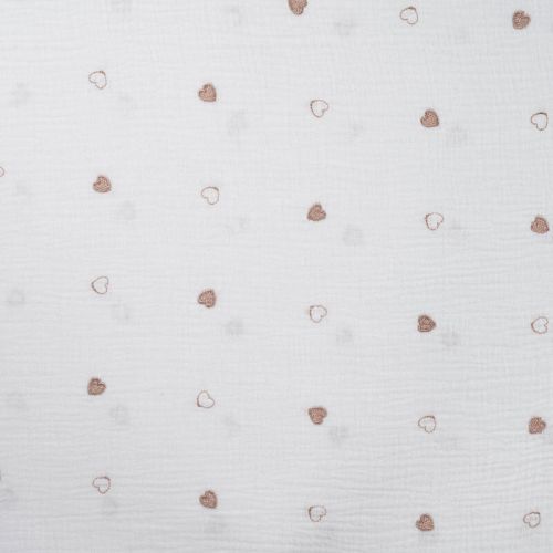 Tissu double gaze brodé coeur bronze fond blanc