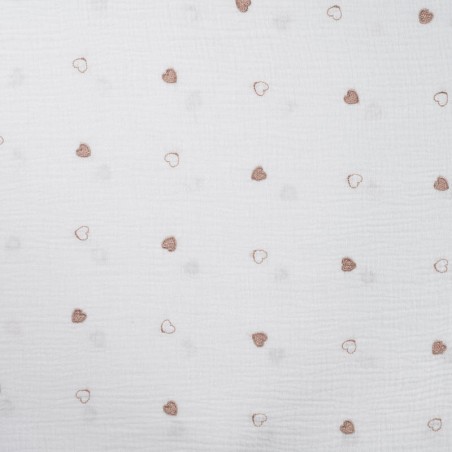 Tissu double gaze brodé coeur bronze fond blanc