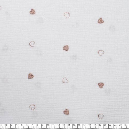 Tissu double gaze brodé coeur bronze fond blanc