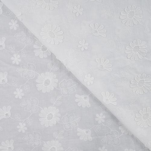Tissu voile de coton brodé fleurs 3D blanc