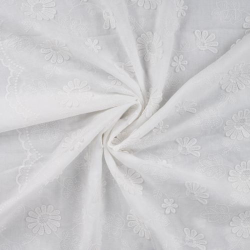 Tissu voile de coton brodé fleurs 3D blanc