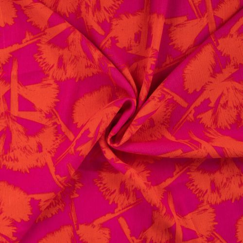 Tissu viscose froissé fleurs orange vif fond fuchsia