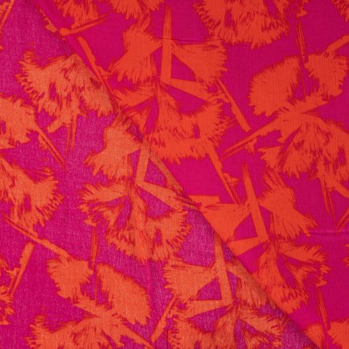 Tissu viscose froissé fleurs orange vif fond fuchsia