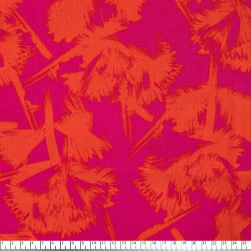Tissu viscose froissé fleurs orange vif fond fuchsia