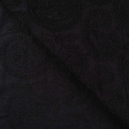 Tissu coton brodé Paisley noir