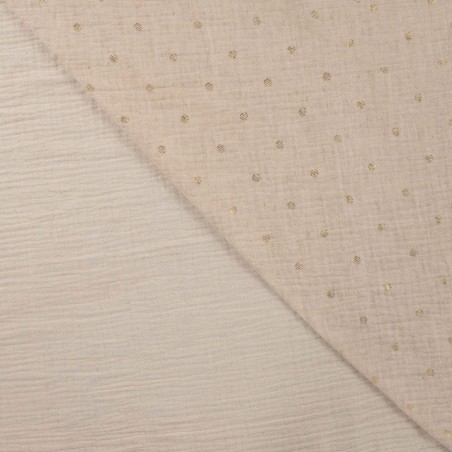 Tissu double gaze sable et pois dorés
