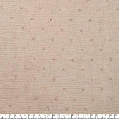 Tissu double gaze sable et pois dorés