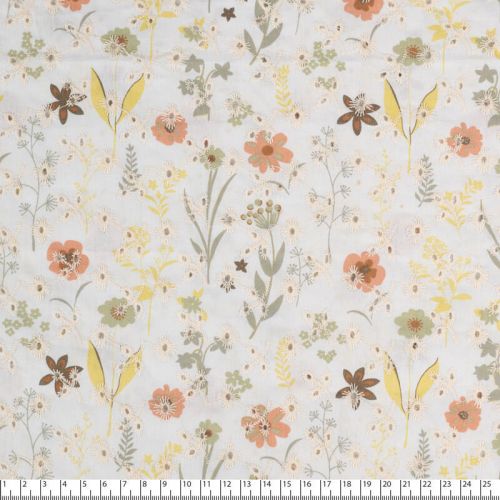 Tissu broderie anglaise imprimé fleurs kaki clair