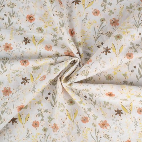 Tissu broderie anglaise imprimé fleurs kaki clair