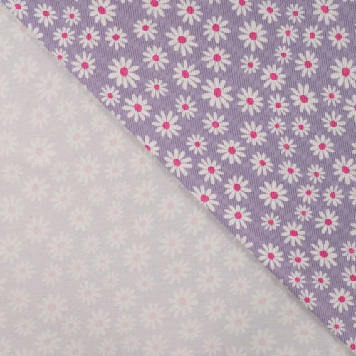 Tissu jersey mini côtelé 2mm marguerites fond lilas