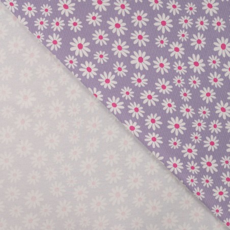Tissu jersey mini côtelé 2mm marguerites fond lilas