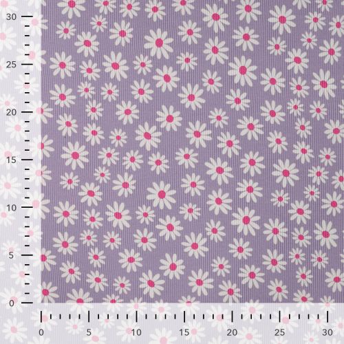 Tissu jersey mini côtelé 2mm marguerites fond lilas