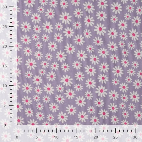 Tissu jersey mini côtelé 2mm marguerites fond lilas