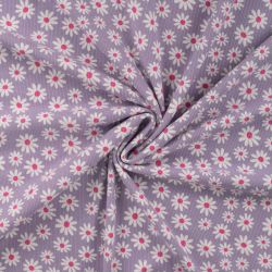 Tissu jersey mini côtelé 2mm marguerites fond lilas