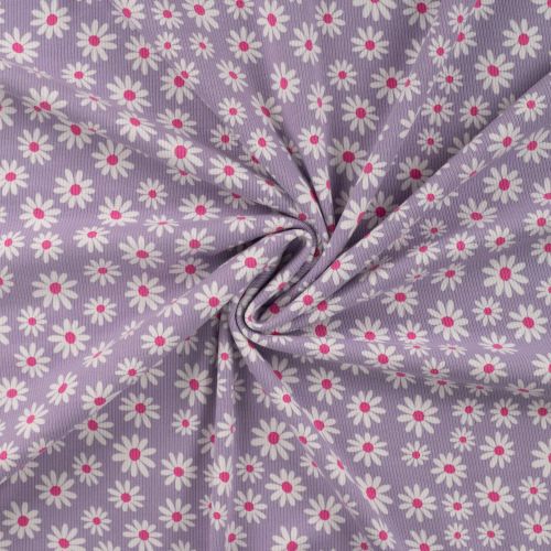 Tissu jersey mini côtelé 2mm marguerites fond lilas